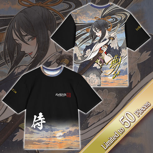 絢爛彩雅の限定和風オーバーサイズTシャツ（前面・背面）。イラストレーター夢子の美麗なアートワーク「侍」を、全面プリントでダイナミックに配置したデザイン。