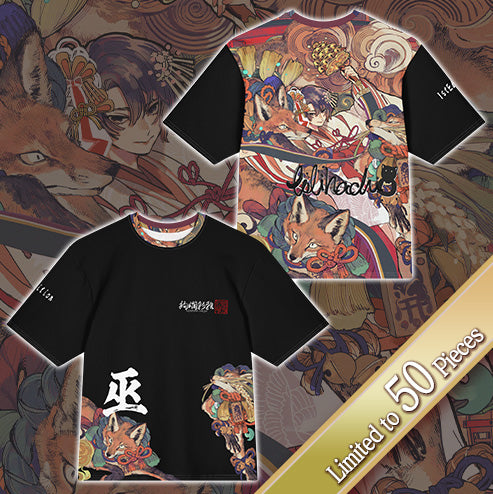 絢爛彩雅の限定和風オーバーサイズTシャツ（前面・背面）。イラストレーターとびはちの美麗なアートワーク「巫女」を、全面プリントでダイナミックに配置したデザイン。