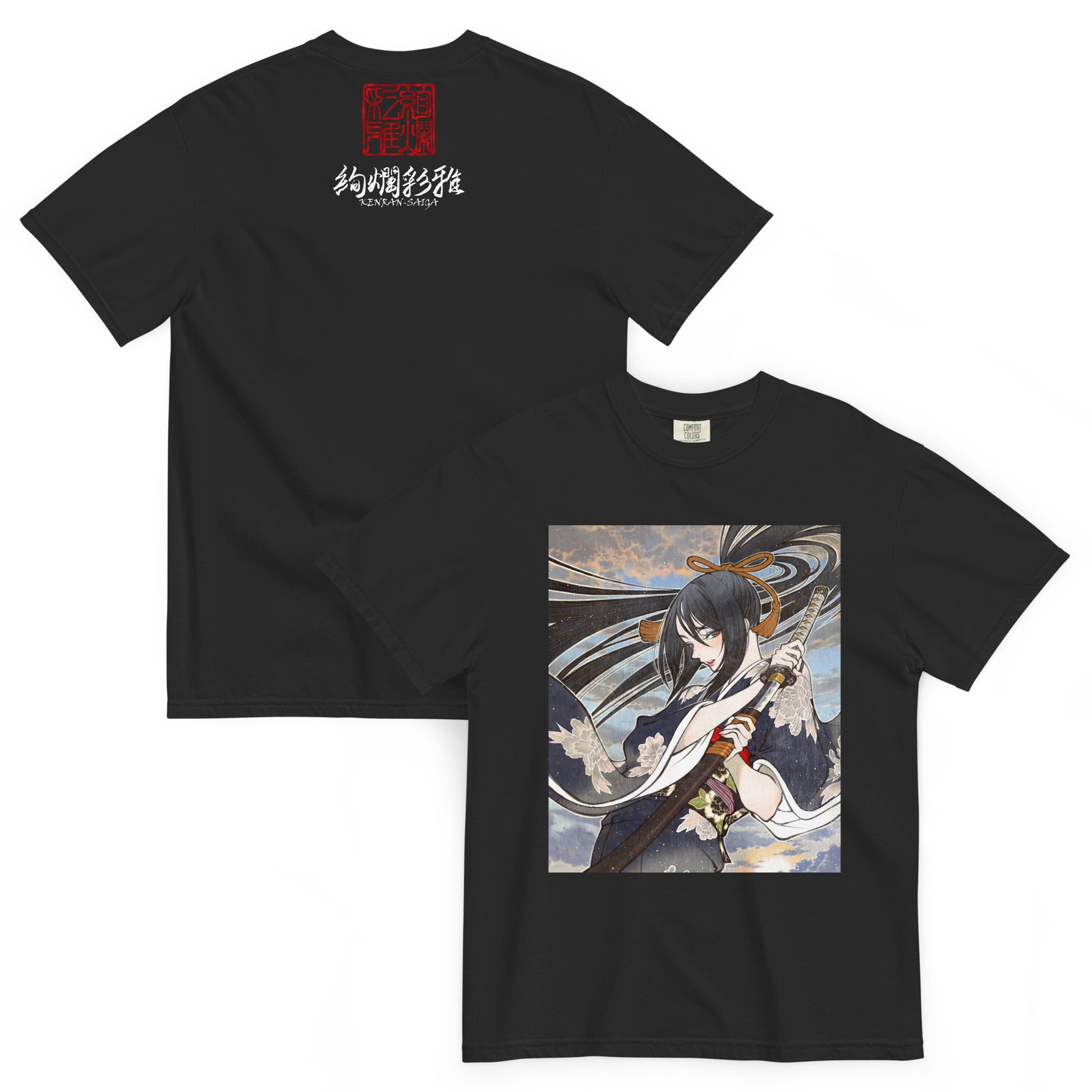 絢爛彩雅の和風ヘビーウェイトTシャツ・ブラック（前面・背面）。フロントにイラストレーター夢子のアート、バックにロゴを配置。