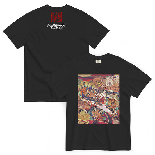 絢爛彩雅の和風ヘビーウェイトTシャツ・ブラック（前面・背面）。フロントにイラストレーターとびはちのアート、バックにロゴを配置。