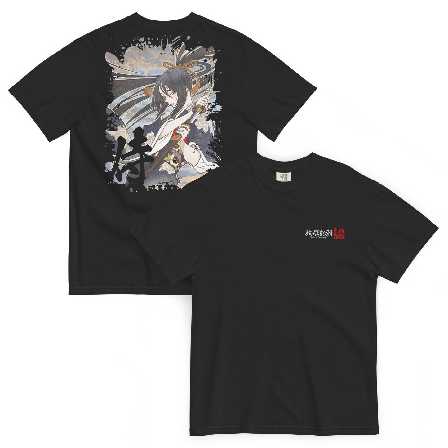 絢爛彩雅の和風ヘビーウェイトTシャツ・ブラック（前面・背面）。胸元にブランドロゴの刺繍、背面にイラストレーターとびはちのダイナミックなバックプリントを配置。