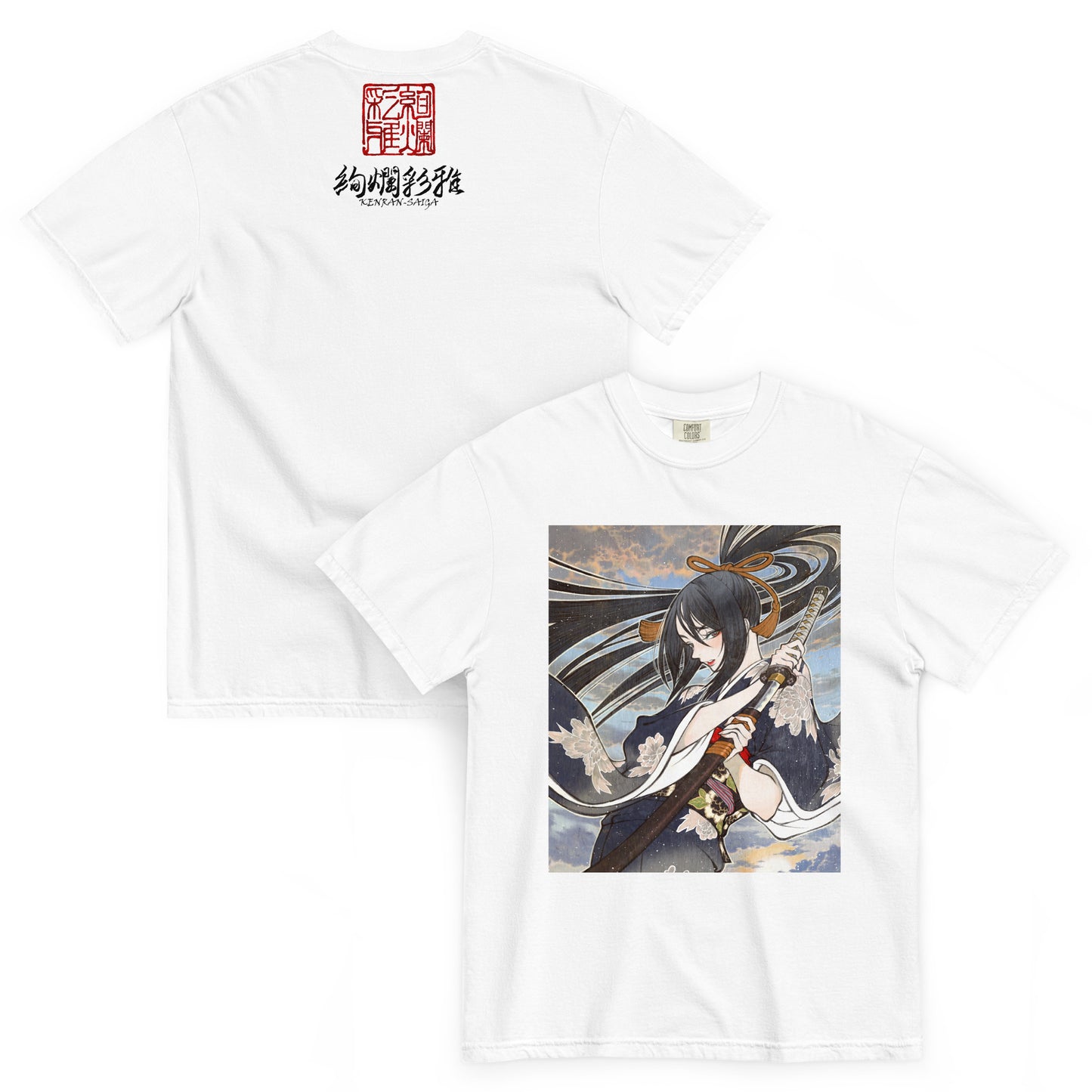 絢爛彩雅の和風ヘビーウェイトTシャツ・ホワイト（前面・背面）。フロントにイラストレーター夢子のアート、バックにロゴを配置。