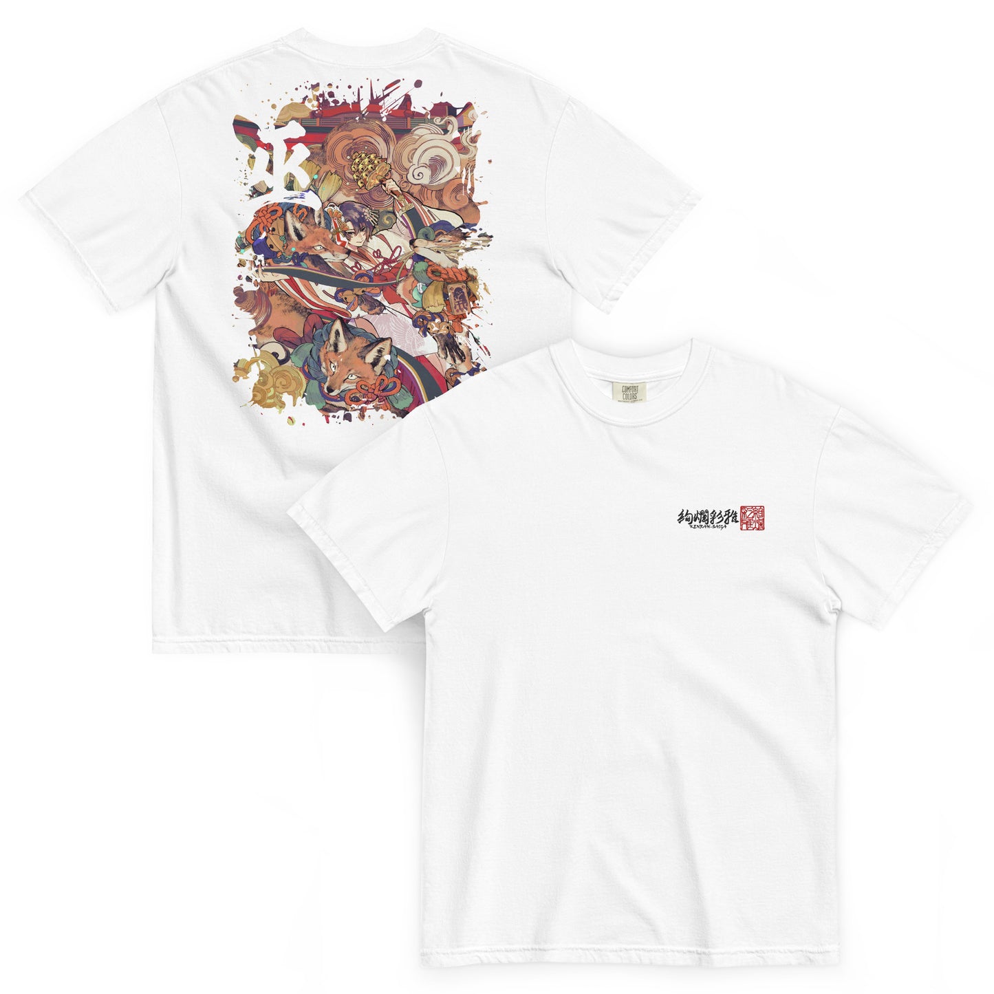 絢爛彩雅の和風ヘビーウェイトTシャツ・ホワイト（前面・背面）。胸元にブランドロゴの刺繍、背面にイラストレーターとびはちのダイナミックなバックプリントを配置。